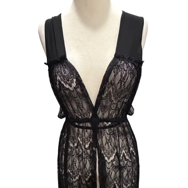Sin Clarity Sheer Lace Duster Black Maxi Overlay Gothic Festival Whimsygoth Sz S - Image 3