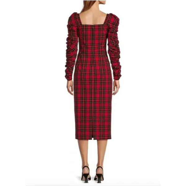 Antonio Melani Elena Plaid Square Neck Midi Dress Long Ruched Sleeve US 10 NWT - Image 2