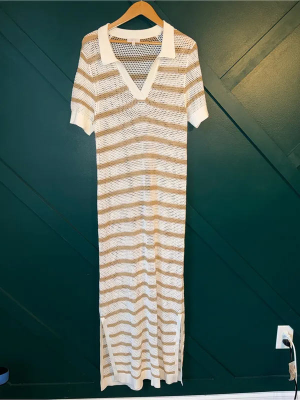 Chic White & Tan Striped Crochet Knit Maxi Cover-Up Dress Collared Beach Resort - Image 2