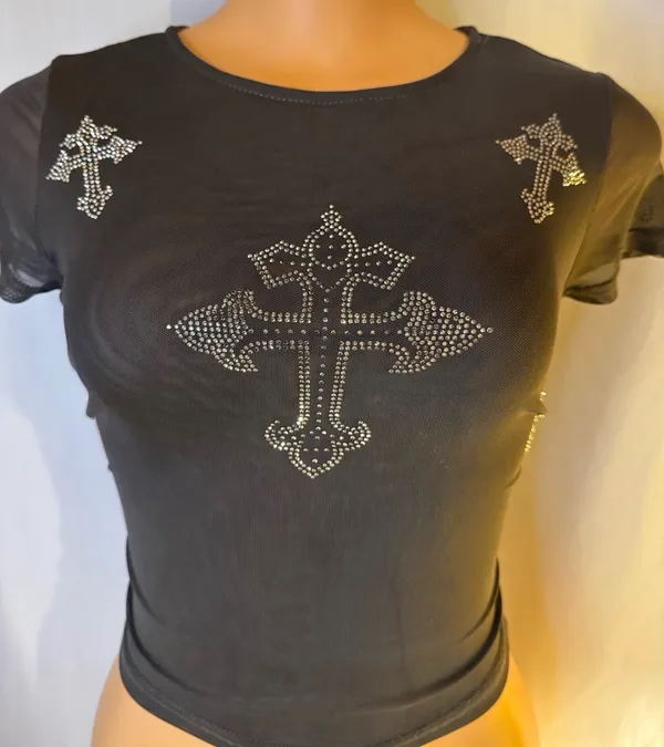 Mesh rhinestone cross top Black - Image 2