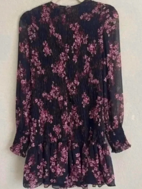 Misa Los Angeles Black Floral Long Sleeve Smocked Mini Dress with Pink Blossoms - Image 4
