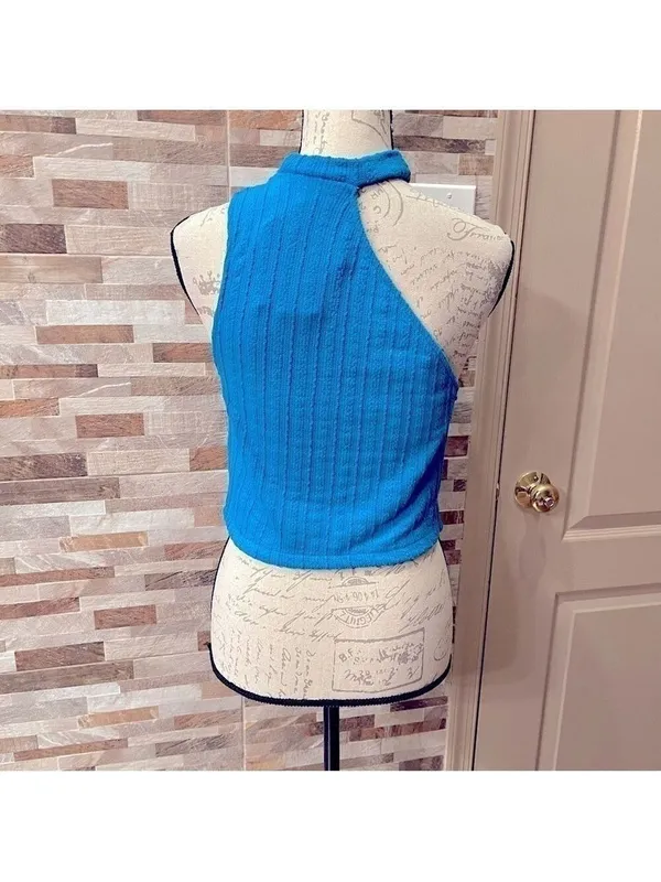 Nwt ZARA - ribbed asymmetrical cut out electric blue crop top Sz Large - Image 5