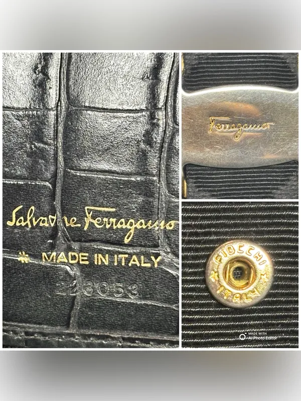 Ferragamo Vintage Vara Bow Wallet Croc Embossed Black Leather Compact Bifold - Image 4