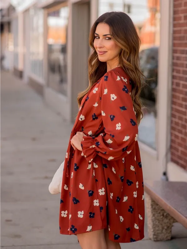Betsey’s Boutique Shop Floral Dress L Rust Boho Long Sleeve Peasant Prairie - Image 3