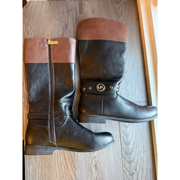 Michael Kors Boots Black Brown Knee High Riding Boots MK Logo Detail‎ Size 5 - Image 3