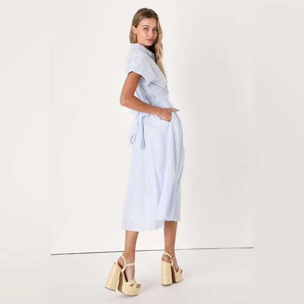 Lulus Adorable Impression White and Blue Midi Dress With Pockets - Image 3