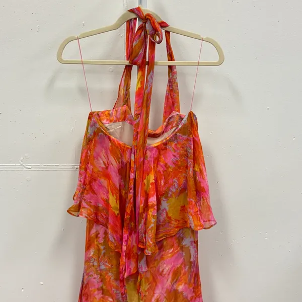Foley + Corinna Silk Halter‎ Maxi Dress Orange Watercolor Print XS Boho Abstract - Image 6