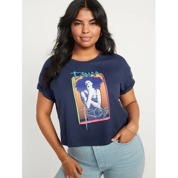 Diana Old Navy‎ Women 2X Blue Cropped T-Shirt Casual Retro 70s Colorful Icon - Image 3