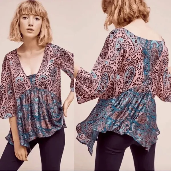 Anthropologie Floreat Valo Velvet Burnout Silk Blend Paisley blouse size small - Image 2