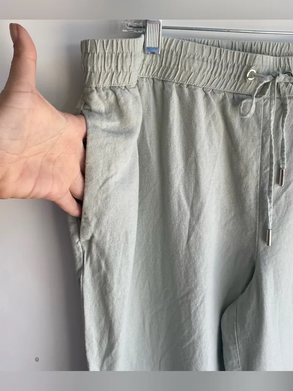 Light sage green wide leg linen pull on drawstring waist pants casual summer XL - Image 4