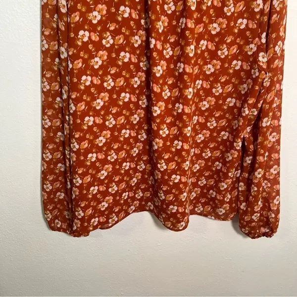 J. Crew Factory Women's Smocked Shirt Orange Floral‎ Long Sleeve Mock Neck AS356 - Image 9