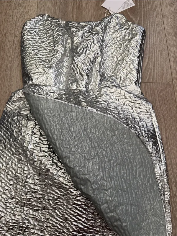 NWT & Other Stories Silver Strapless Jacquard Mini Metallic Party Dress Sz 4 - Image 4