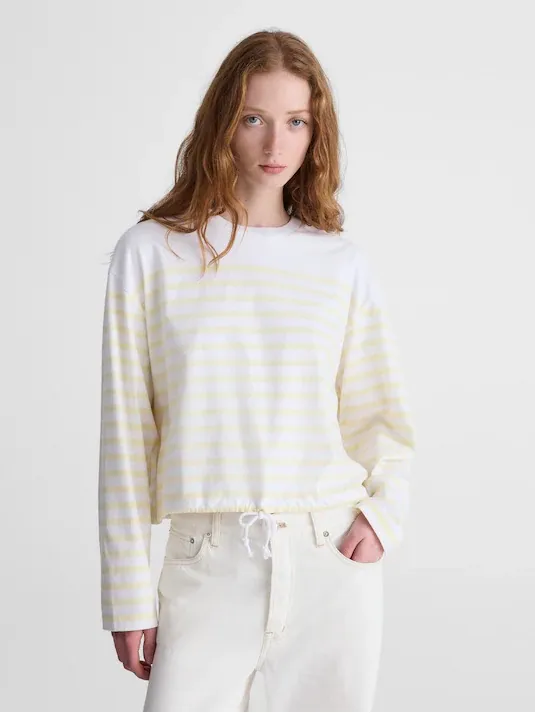 Madewell women’s The Perfect Tie-Waist Tee Jersey yellow white stripe Size L NWT - Image 2