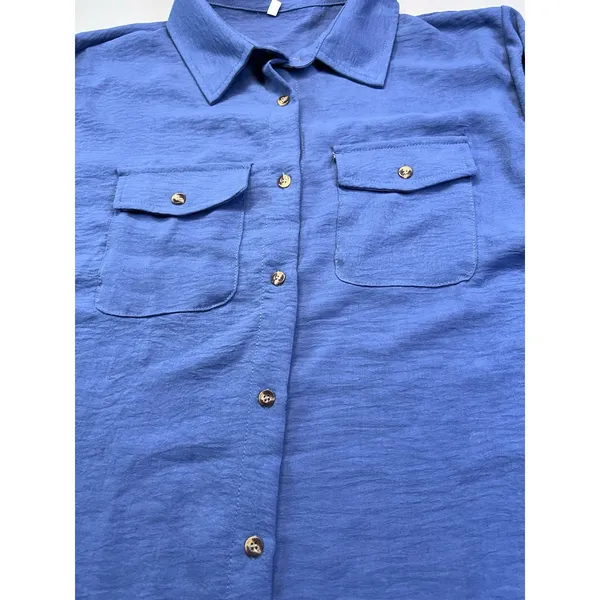 Womens Button-Down Long Sleeve Swim‎ Cover-Up Lightweight Pockets & Blue Medium - Image 2