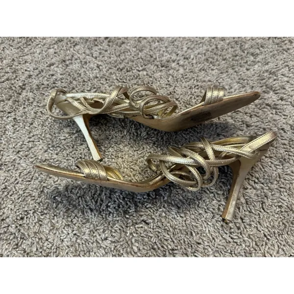 Vintage MANOLO BLAHNIK Metallic Champagne Lace-Up Sandal Stiletto Heels 37.5 - Image 4