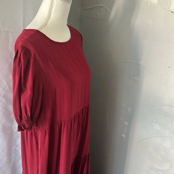Red Tiered Puff Sleeve Casual Sundress - Image 2