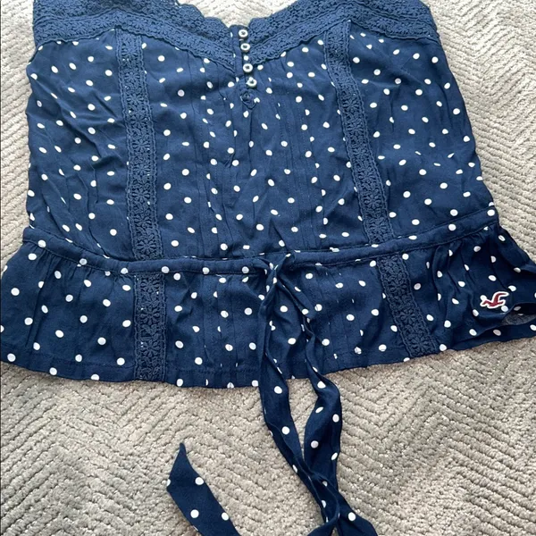 New Hollister Polka Dot Lace Cami Top Navy Blue Button Front Size Medium - Image 6