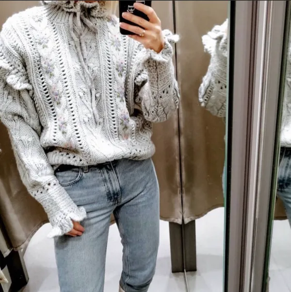 Gray Embroidered Oversized Sweater Top - Image 2