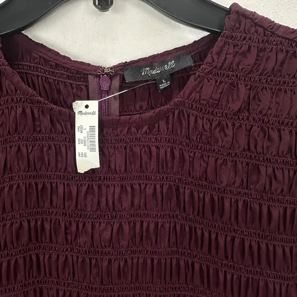 Madewell Long-Sleeve Smocked Mini Dress Dark Pomegranate Crepe Large NWT - Image 8