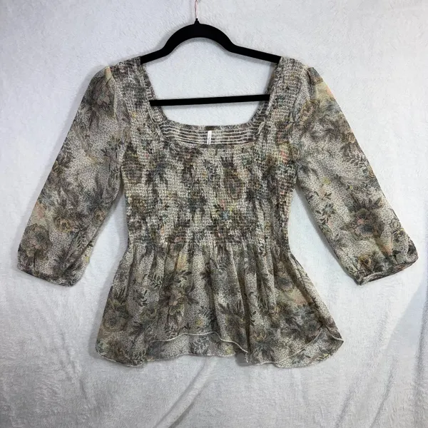 Free People XS Smocked Floral Sheer Peasant Ever After Top Boho Romantic Cottage - Image 3