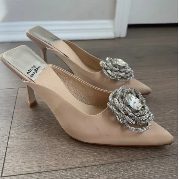 Jeffrey Campbell x REVOLVE Viviana Mules Satin‎ Creme Rhinestones 7 Kitten Heel - Image 2