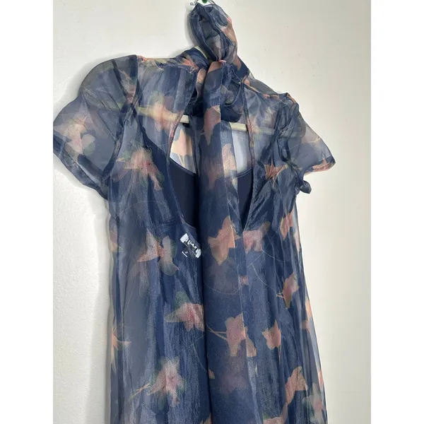 STAUD Botanical Navy Calluna Organza Mesh High Neckline Tie Back Gown size Small - Image 15