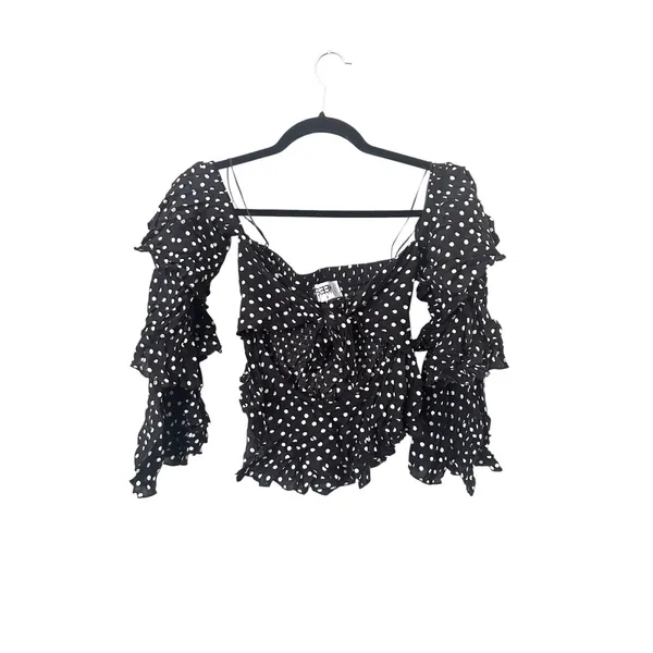 SEEK THE LABEL Polka Dot Ruffled Off Shoulder‎ Blouse Black Small - Image 2