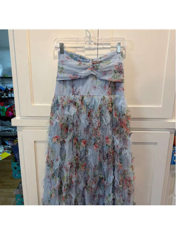 DressAlisa Light Blue Floral Mesh Tiered Ruffle Maxi Dress Strapless NWOT Large - Image 16