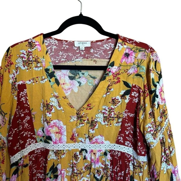UMGEE Tunic Top Womens Blouse Medium Mix Floral Print Boho Gauze Balloon Sleeves - Image 2