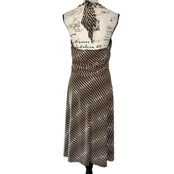Sushi Flower Brown Polka Dot Halter Midi Dress Retro Pinup V-Neck Large USA - Image 3