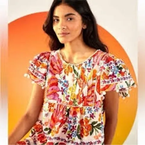Farm Rio Floral Pom Pom Trim Swiss Dot Babydoll Blouse‎ Multi Color Womens Large - Image 7