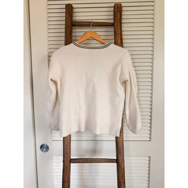 Madewell Cream V Neck Sweater XS Long Sleeve Striped Trim Relaxed Fit XS - Image 3