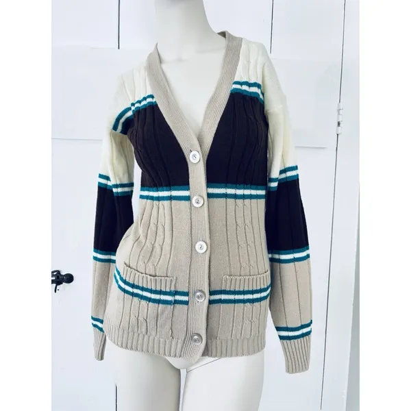 Vintage 70s Kmart Women's Small Stripe Cardigan Retro Sweater Funky Academia - Image 2