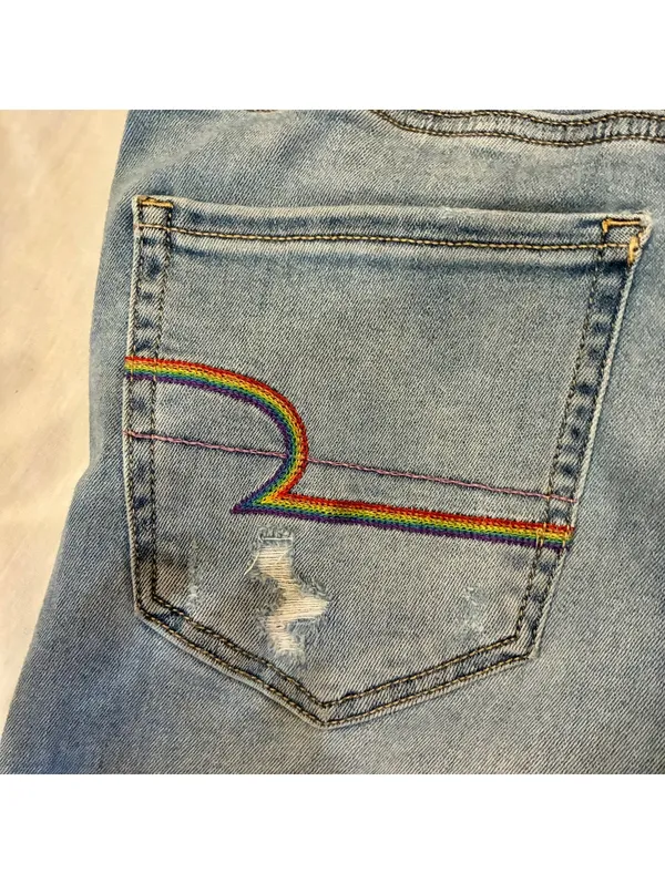 American Eagle Womans Pride Rainbow Stitched Light Wash Distressed Shorts Sz 2 - Image 4