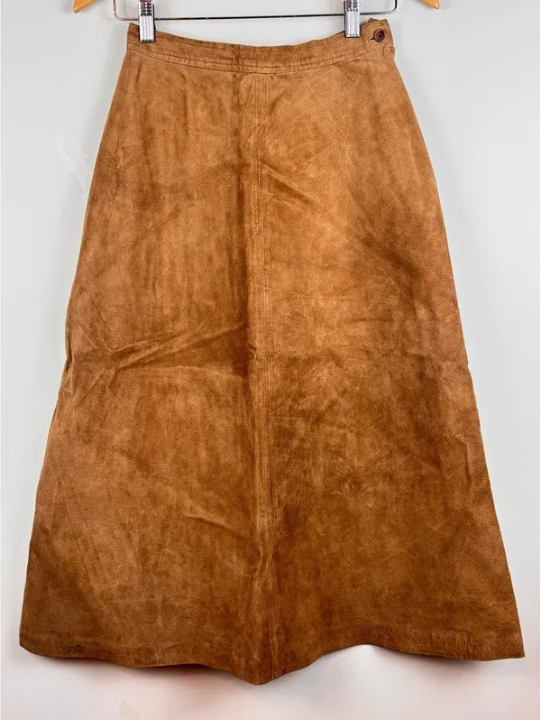 Vintage 80s Brown Suede Leather Maxi Skirt Western Boho A-Line Hook Too Sz 8 - Image 3