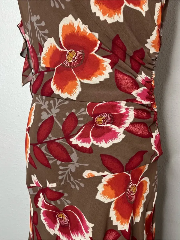Y2K Vintage Bandolino Brown Red Large Floral Cowl Neck Draped Fairycore Dress - Image 7
