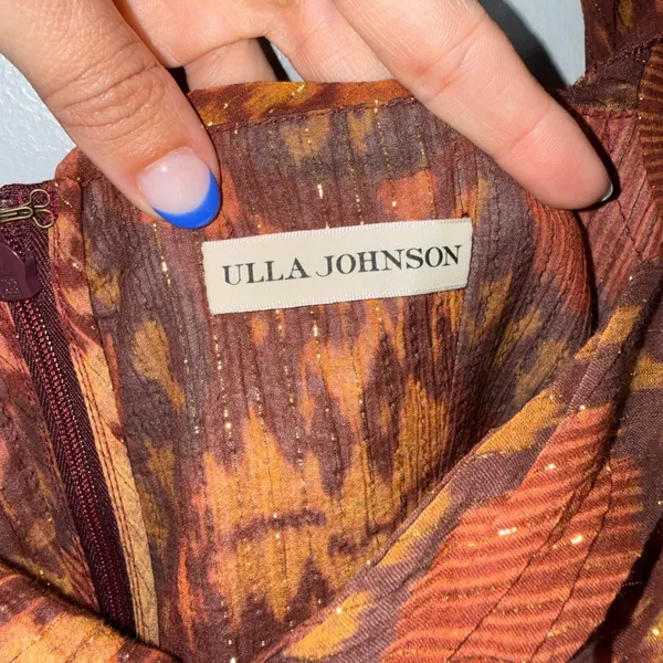 Ulla‎ Johnson Mini Dress Women 10 Orange Excellent Ikat Metallic Ruffle Ruched - Image 4