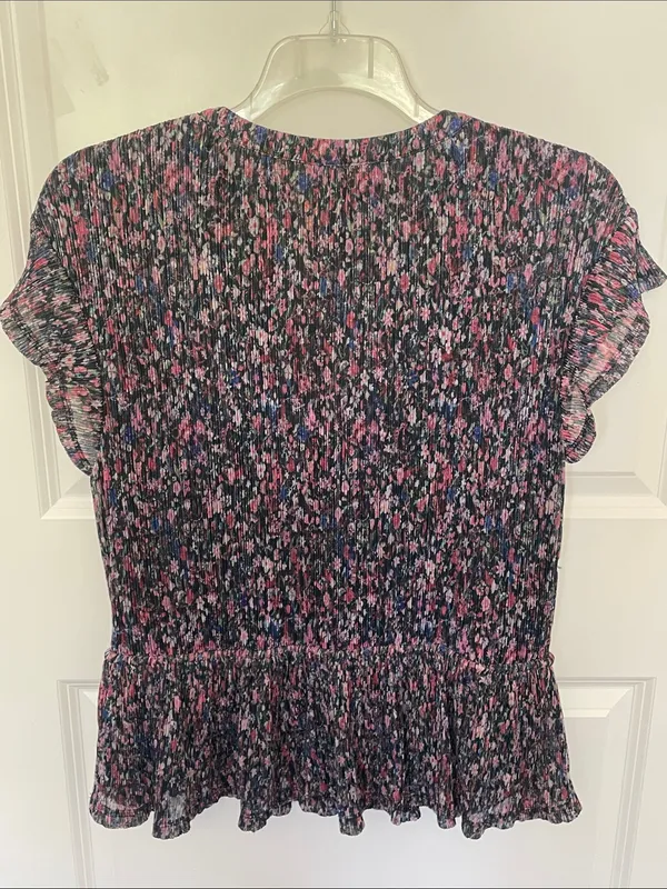 Anthropologie Dionne Metallic Ditsy Floral Blouse Large Peplum Faux Wrap - Image 5