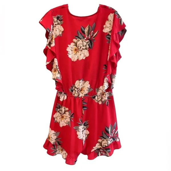 Umgee Floral Romper Red Ruffle Sleeve Surplice Boho Summer‎ Womens Large - Image 5