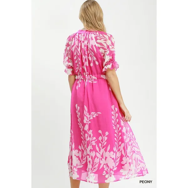 Umgee Floral Print Tie Waist Midi Dress with Side Pockets - Peony - Small - Image 3
