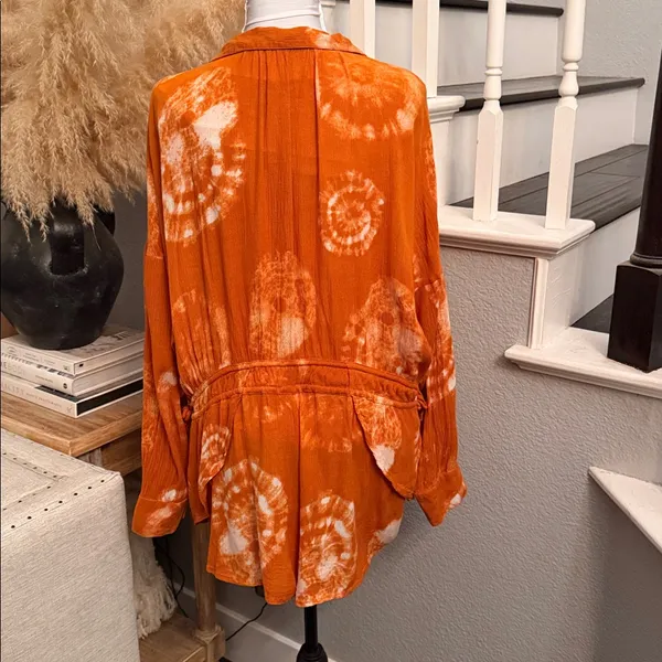 Free People Marla Printed Shortall Orange Tie Dye Romper Size Medium - Image 8