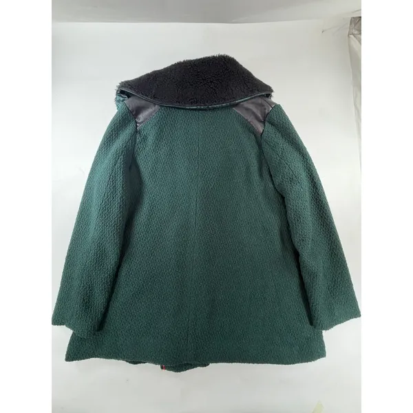 Steve Madden Womens Green Wool Blend Faux Fur Collar Leopard Lining Coat Large - Image 2