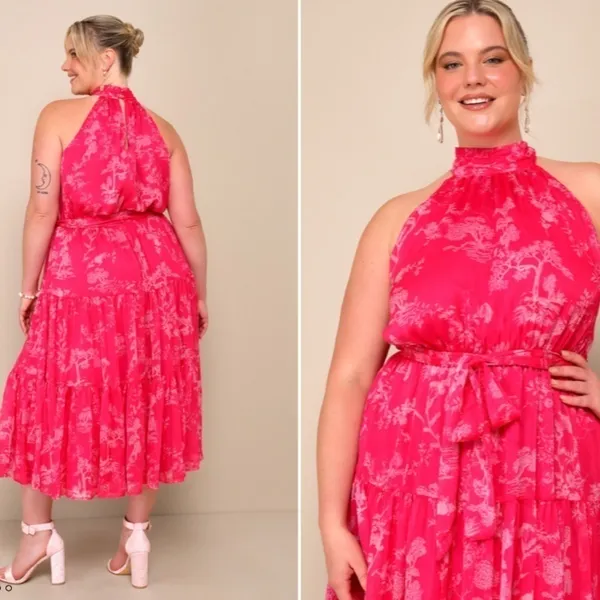 LULU's Floral Sexy Flowy Chic Halter Neck Modern Hot Pink Midi Dress NWOT - Image 5