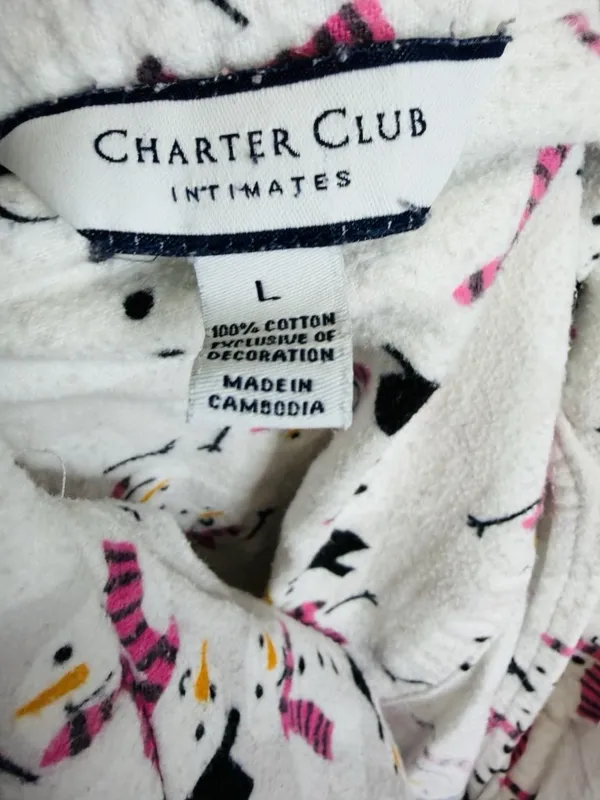 Charter Club Intimates Fleece Pajama Set Sz L White Pink Snowman Pockets - Image 11