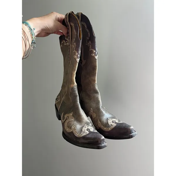 Gianni Bini Distressed Western Cowboy Boots 7.5 (fit like 6) Brown Leather Studded Rodeo Edgy - Image 2