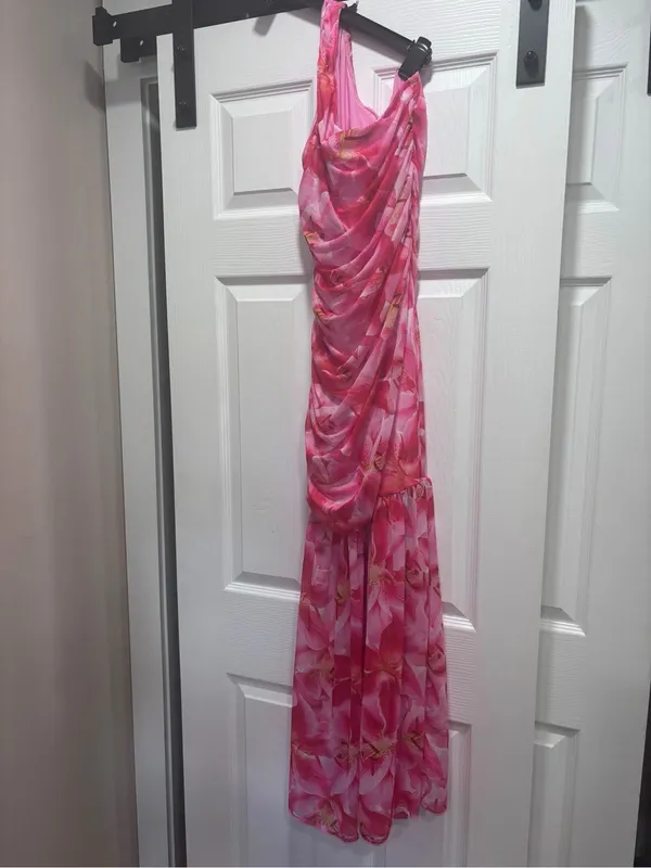 SHEIN Pink Floral One Shoulder Maxi Dress Elegant Floral Asymmetrical Neck small - Image 3