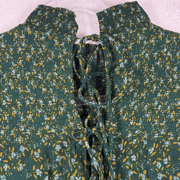 Free People Dark Green Floral Smocked Mock Neck Blouse OB1069086 M - Image 9