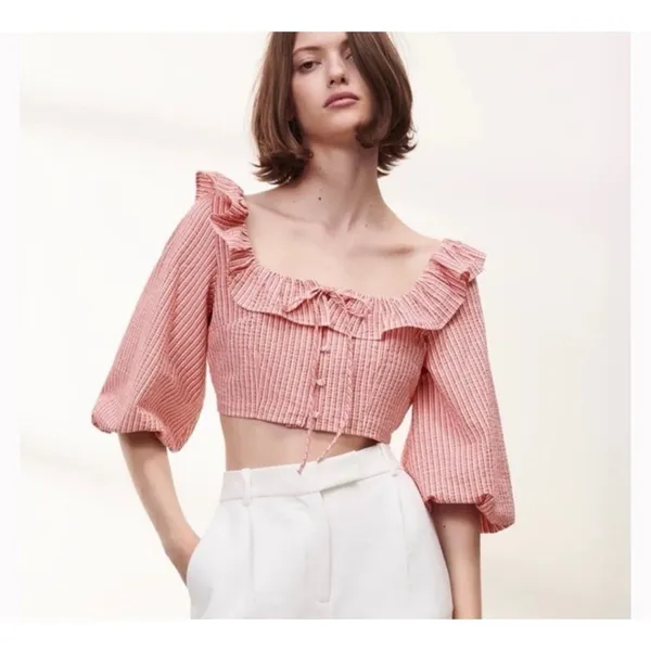 NWT ZARA Red White Stripe Puff Sleeve XS Crop Top Woman Ruffle‎ Cottage Boho - Image 3