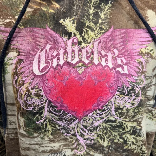 Y2K Cabelas Camo Hoodie Womens‎ Medium Green Advantage Max 1 Open Terrain Heart. - Image 2