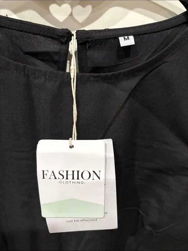 Linen Cotton Blend Sleeveless Black Mini Shift Dress with White Geometric Hem M - Image 2